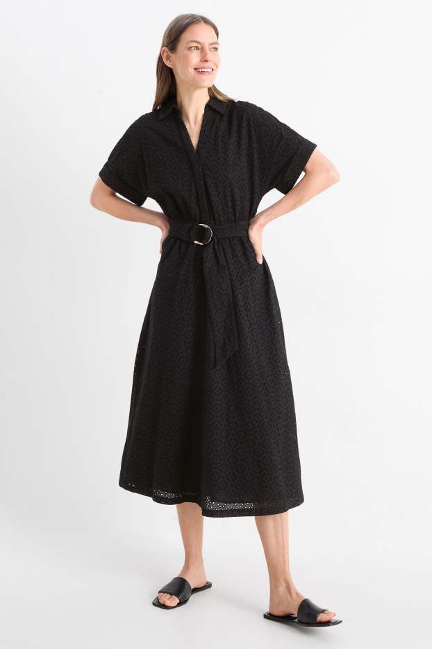 Damen - Blusenkleid mit Gürtel - Broderie Anglaise - schwarz