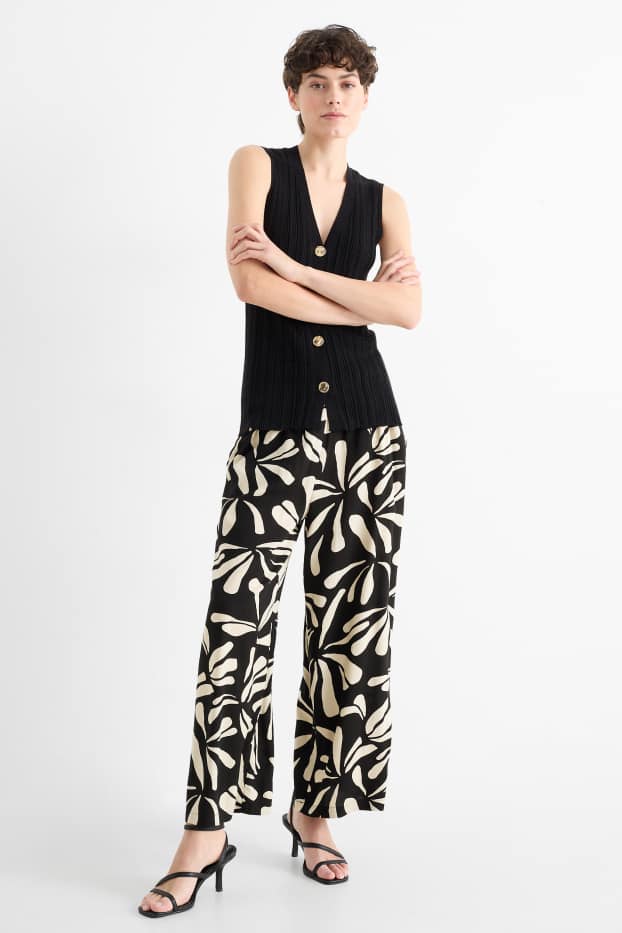 Femei - Pantaloni de stofă - talie înaltă - wide leg - cu model - negru / nej