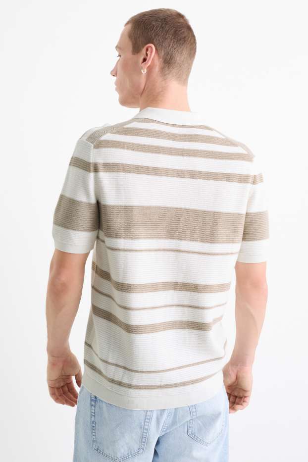 Bărbați - Tricou polo tricotat - cu dungi - structurat - alb-crem