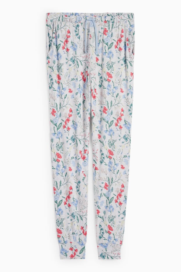 Femei - Pantaloni de pijama din viscoză - cu flori - gri deschis