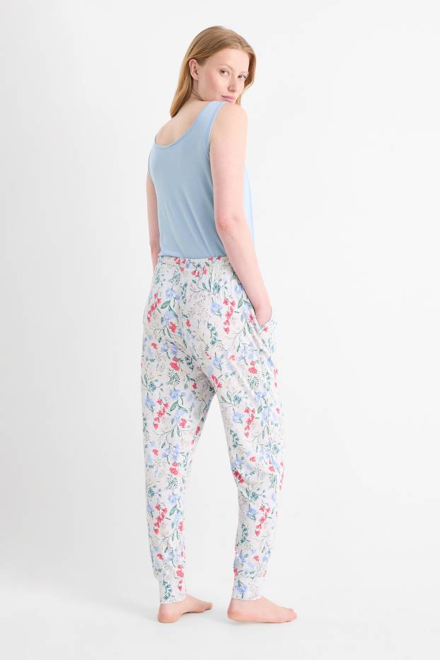 Femei - Pantaloni de pijama din viscoză - cu flori - gri deschis