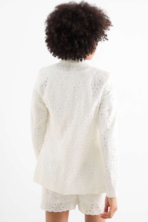 Femei - Blazer lung - regular fit - broderie englezească - alb-crem