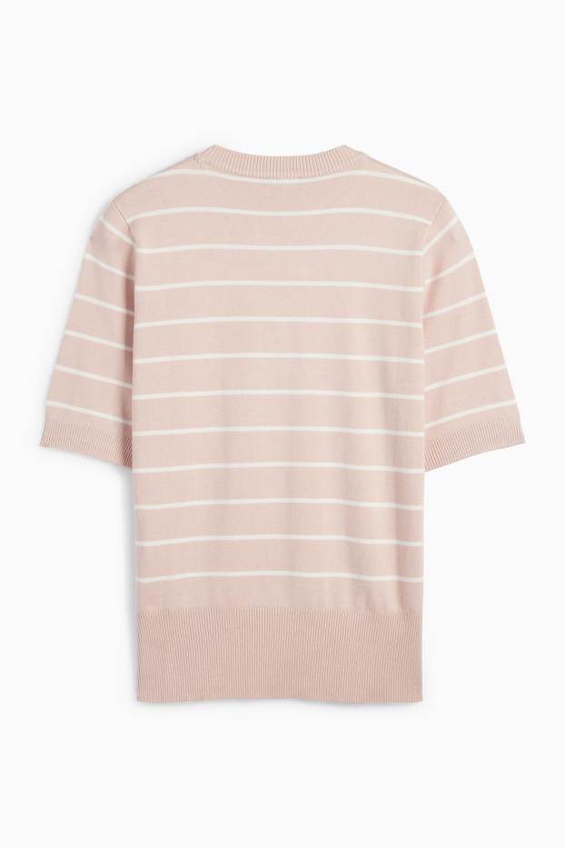 Dames - Gebreide trui - korte mouwen - gestreept - roze