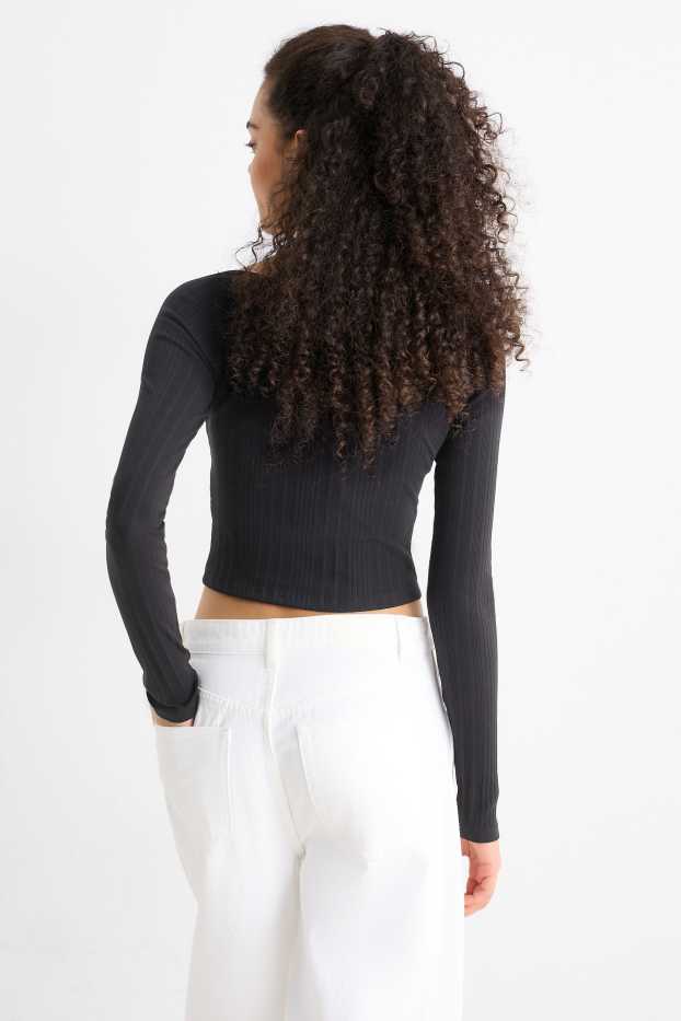 Femei - Tricou crop cu mânecă lungă - reiat - negru