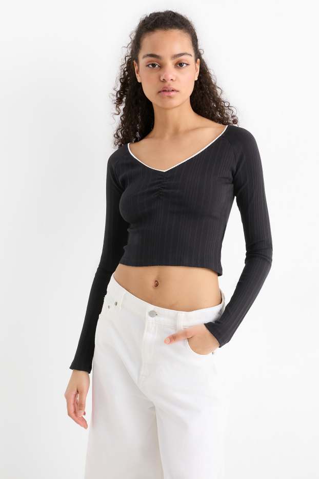 Femei - Tricou crop cu mânecă lungă - reiat - negru