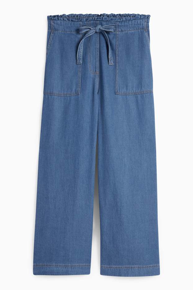 Femei - Pantaloni de stofă - talie înaltă - wide leg - aspect de jeans - denim-albastru închis