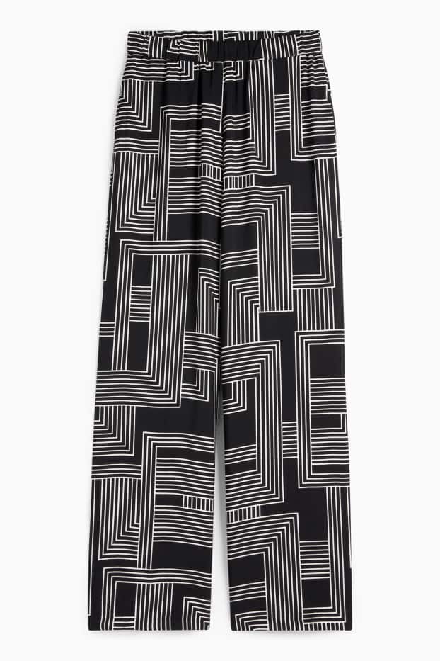 Femei - Pantaloni de stofă - talie înaltă - wide leg - cu model - negru / alb