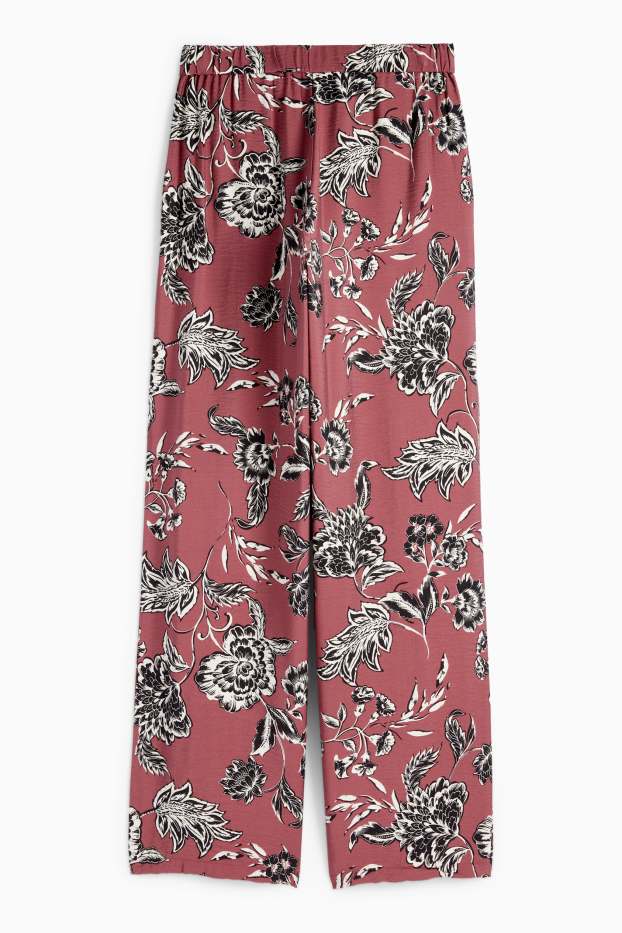 Femei - Pantaloni de stofă - talie înaltă - wide leg - cu flori - bordo