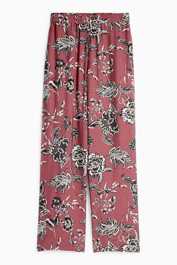 Femei - Pantaloni de stofă - talie înaltă - wide leg - cu flori - bordo