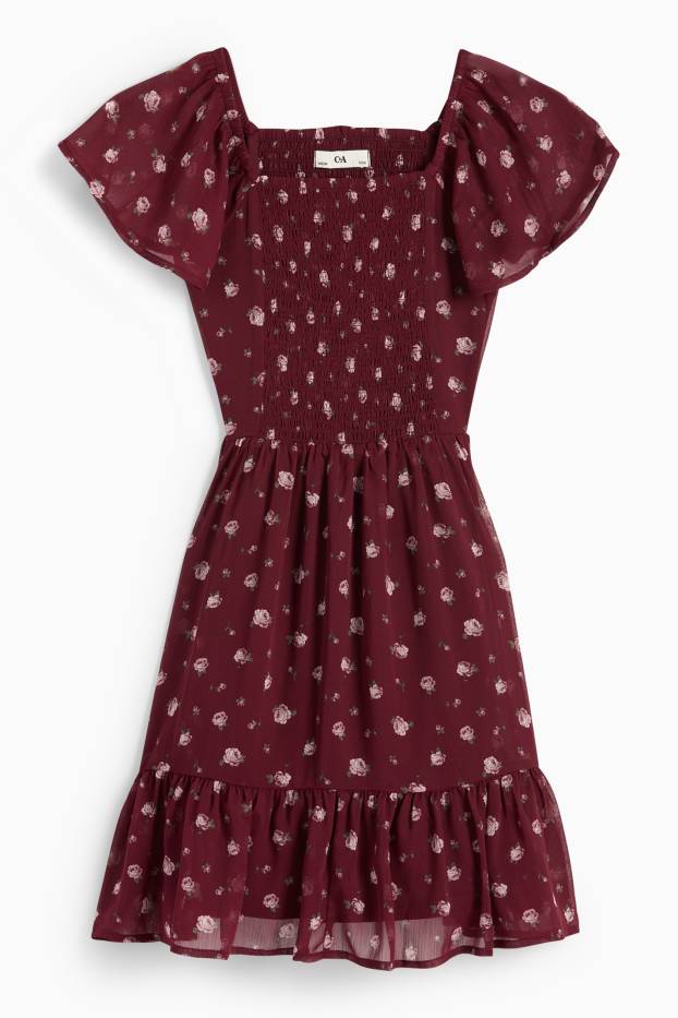 Copii - Fete - Rochie din șifon - cu flori - bordo