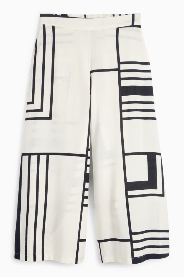 Femei - Pantaloni de stofă - talie înaltă - wide leg - cu model - alb / negru