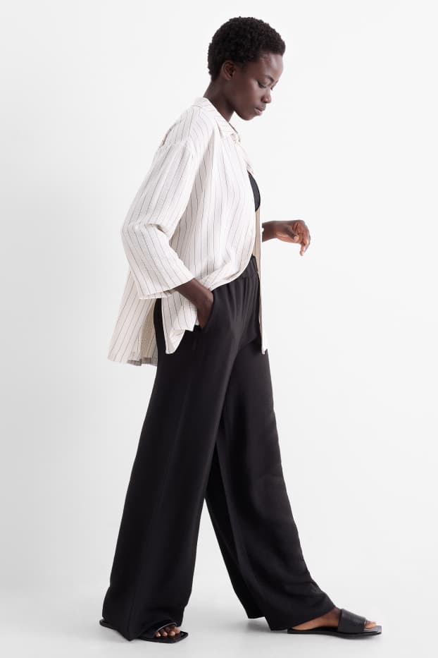 Femei - Pantaloni de stofă - talie înaltă - wide leg - negru