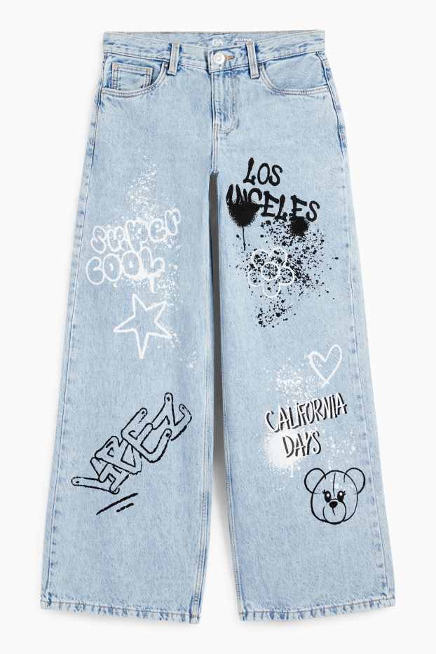 Copii - Fete - Graffiti - wide leg jeans - denim-albastru deschis