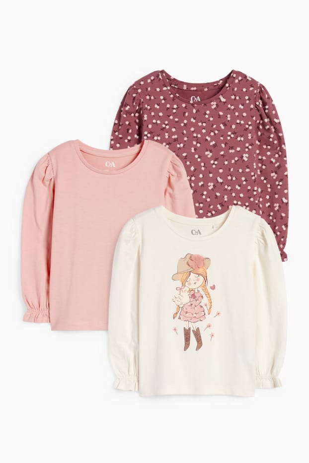Copii - Fete - Multipack 2 buc. - fată și flori - tricou cu mânecă lungă - crem