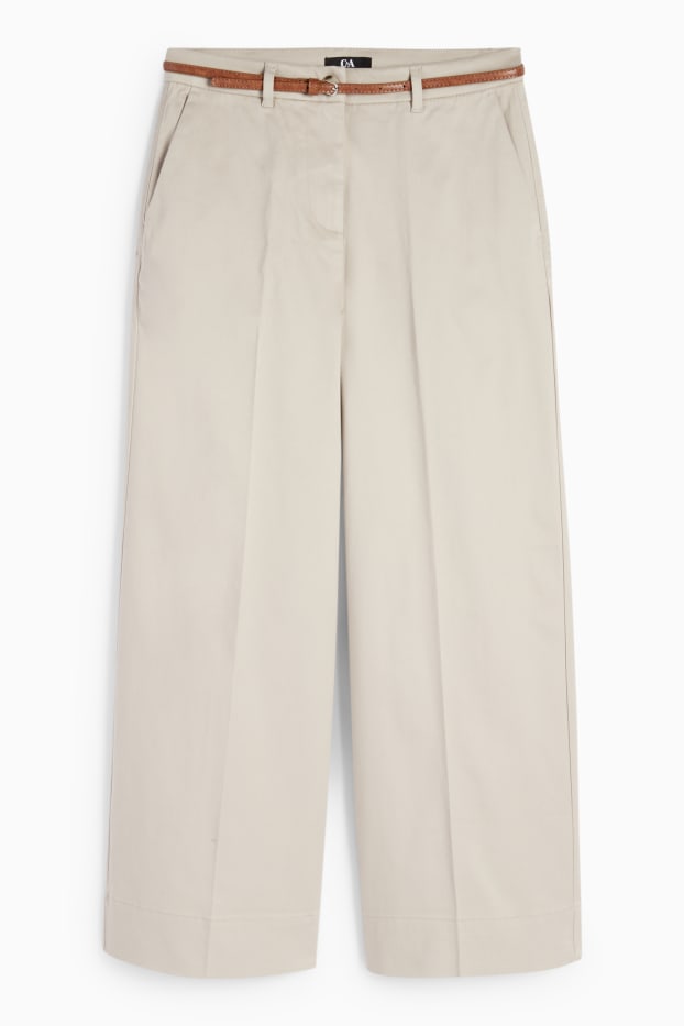 Femei - Pantaloni de stofă cu curea - talie înaltă - wide leg - bej