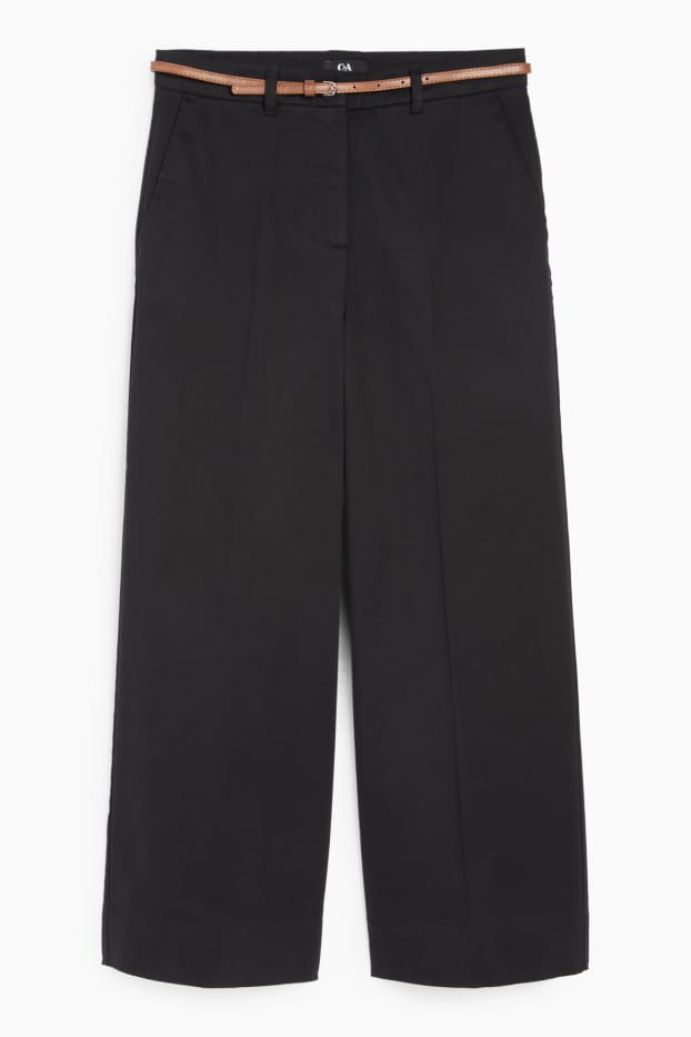 Femei - Pantaloni de stofă cu curea - talie înaltă - wide leg - negru