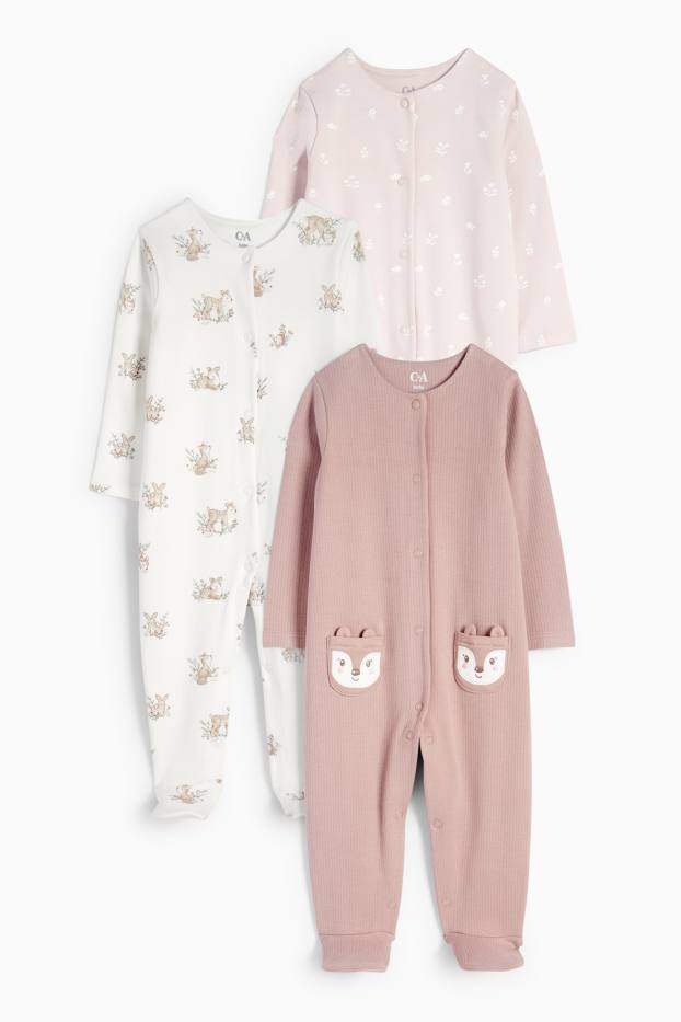 Bebeluși - fete - Multipack 3 buc. - floricele și animale de pădure - pijama salopetă bebeluși - alb / roz