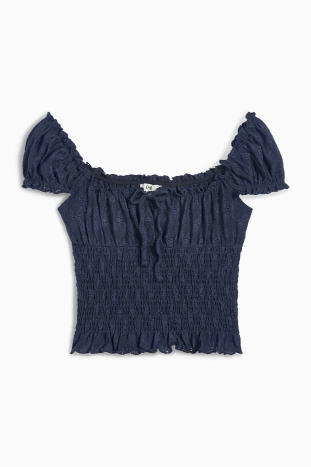 Femei - Top crop - broderie englezească - cu fronseuri - albastru închis