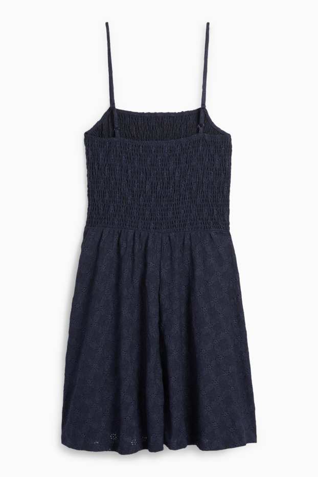 Femei - Rochie fit & flare - broderie englezească - cu fronseuri - albastru închis
