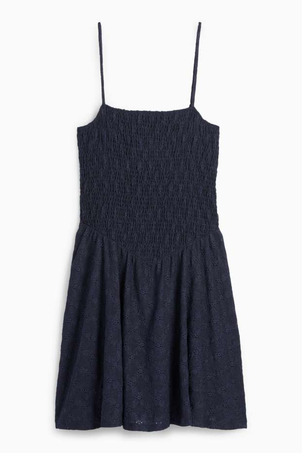 Femei - Rochie fit & flare - broderie englezească - cu fronseuri - albastru închis