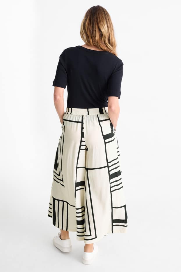 Femei - Pantaloni de stofă - talie înaltă - wide leg - cu model - alb / negru