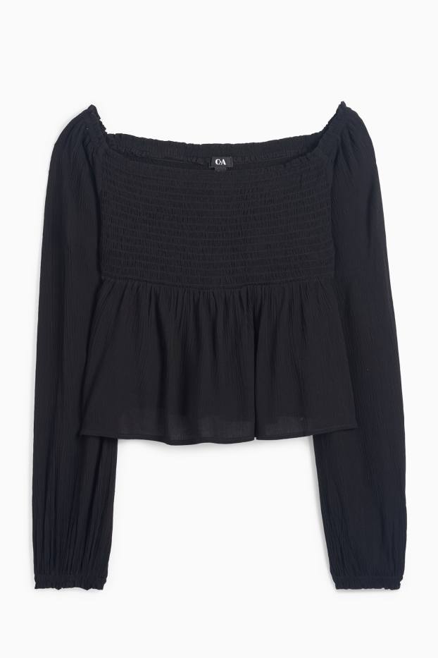 Femei - Bluză crop - cu fronseuri - negru
