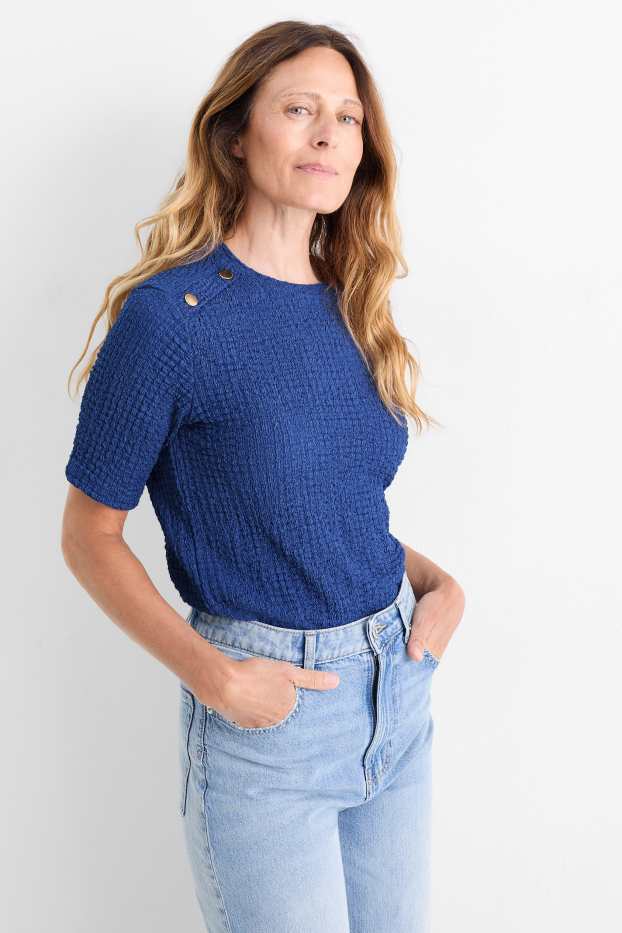 Dames - T-shirt - regular fit - met structuur - donkerblauw