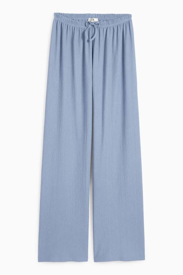 Women - Jersey trousers - mid-rise waist - wide leg - textured - blue