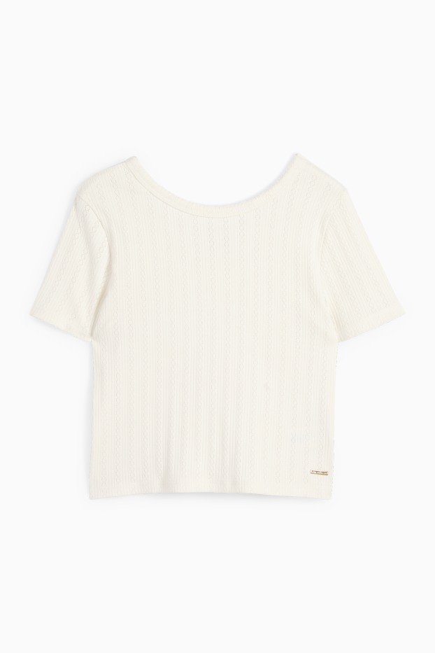 Copii - Fete - Tricou cu mânecă scurtă - reiat - alb-crem