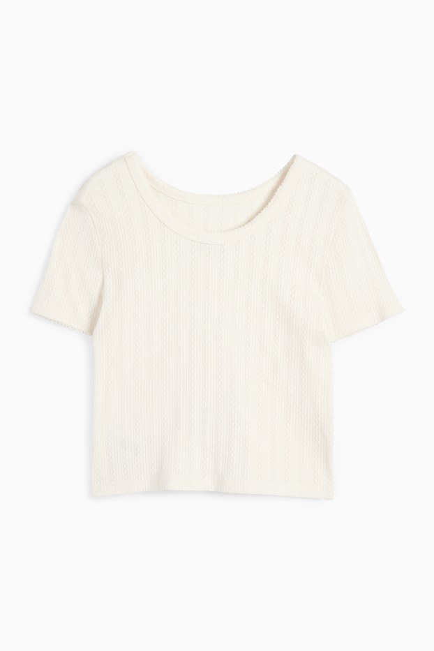 Copii - Fete - Tricou cu mânecă scurtă - reiat - alb-crem