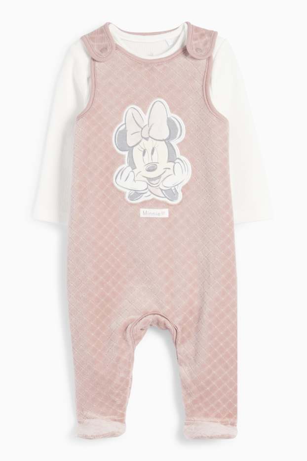Bebeluși - fete - Minnie Mouse - set salopetă - 2 piese - alb / roz
