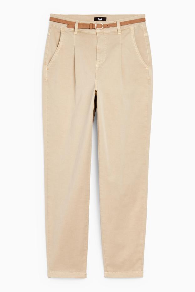 Femei - Pantaloni de stofă cu curea - talie înaltă - tapered fit - bej