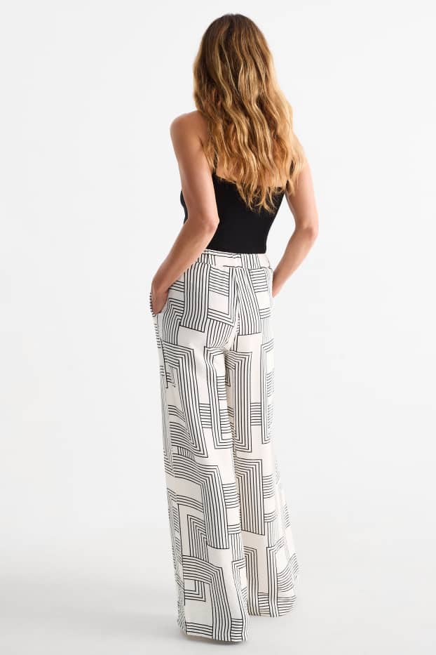 Femei - Pantaloni de stofă - talie înaltă - wide leg - cu model - alb / negru