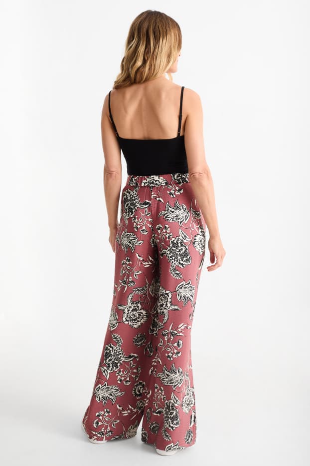 Femei - Pantaloni de stofă - talie înaltă - wide leg - cu flori - bordo