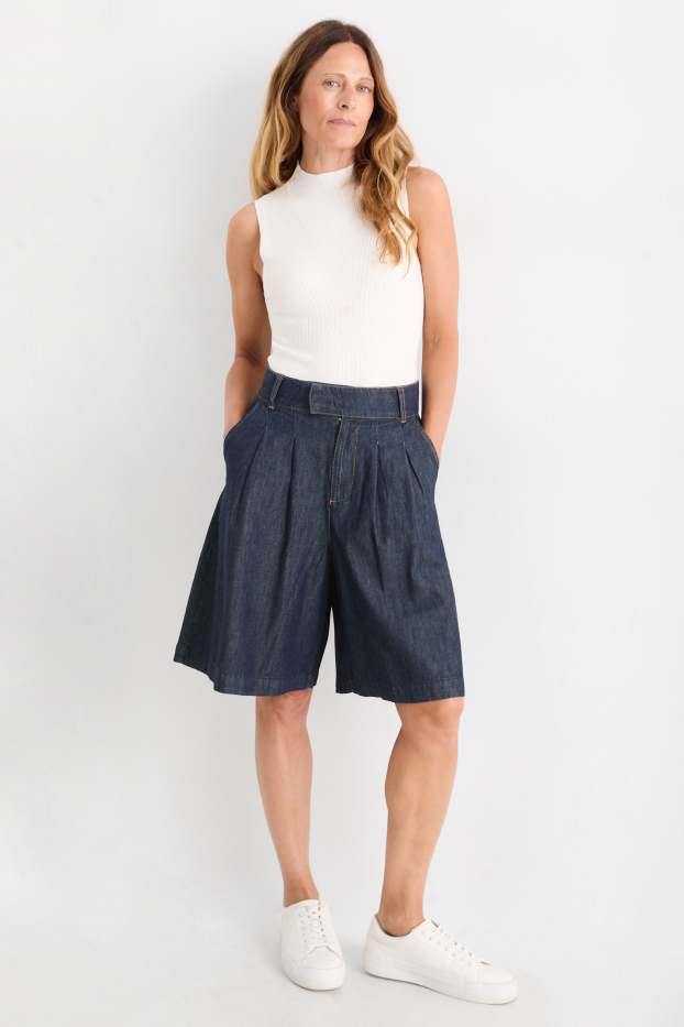 Women - Denim Bermuda shorts - mid-rise waist - denim-dark blue