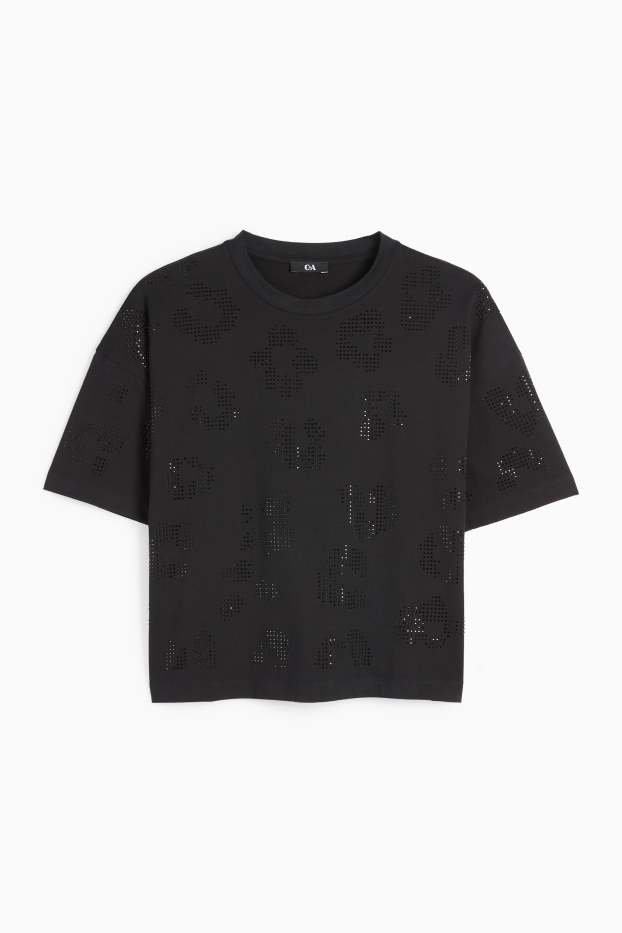 Femei - Tricou cu ștrasuri - regular fit - negru