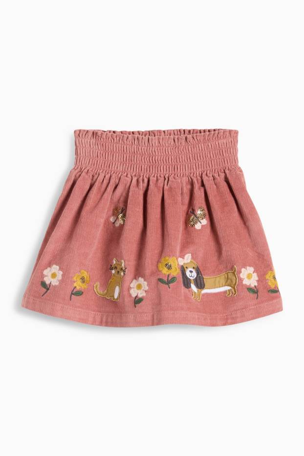 Copii - Fete - Floare, pisică și cățel - rochie din catifea - roz închis