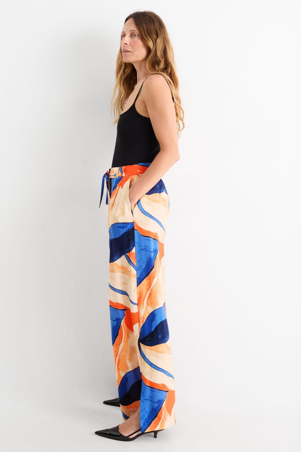 Femei - Pantaloni de stofă - talie înaltă - wide leg - cu model - portocaliu / albastru