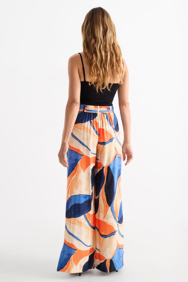 Femei - Pantaloni de stofă - talie înaltă - wide leg - cu model - portocaliu / albastru