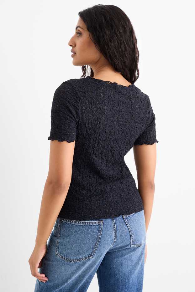 Dames - T-shirt - regular fit - met structuur - donkerblauw