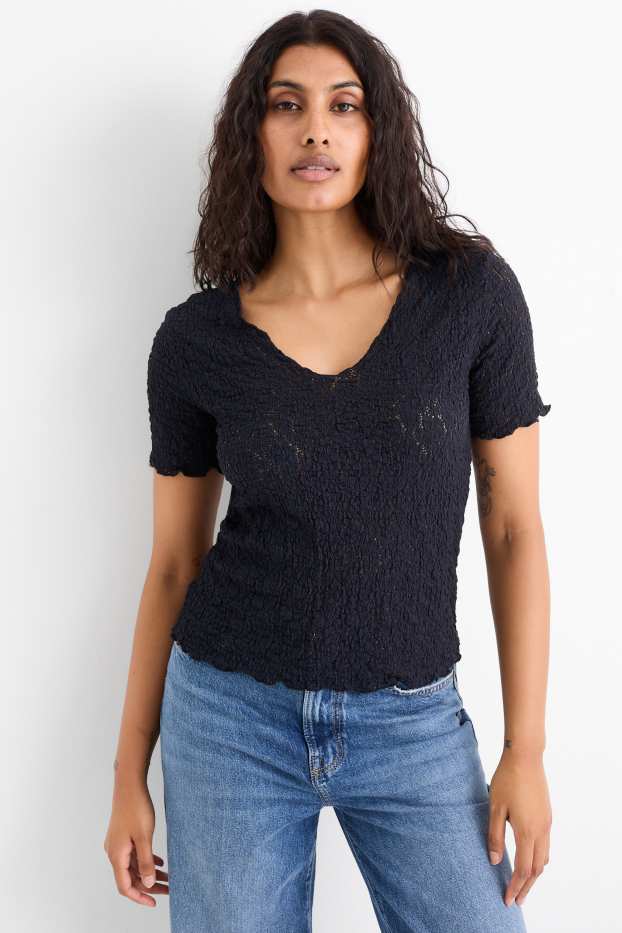 Dames - T-shirt - regular fit - met structuur - donkerblauw