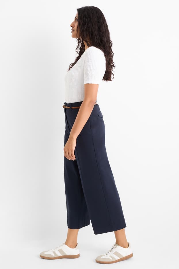 Femei - Pantaloni de stofă cu curea - talie înaltă - wide leg - albastru închis