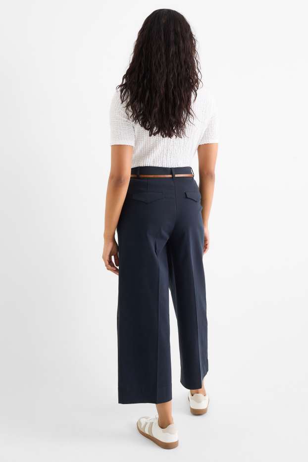 Femei - Pantaloni de stofă cu curea - talie înaltă - wide leg - albastru închis