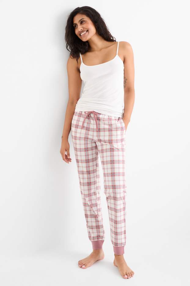Femei - Pantaloni de pijama din flanel - în carouri - alb / roz