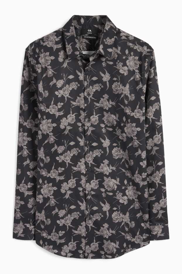 Bărbați - Cămașă office - slim fit - guler Kent - ușor de călcat - cu model - negru