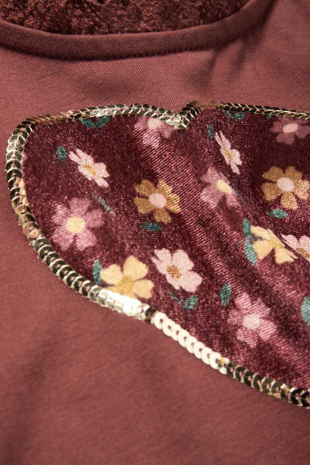 Copii - Fete - Floare și inimă - tricou cu mânecă lungă - maro închis