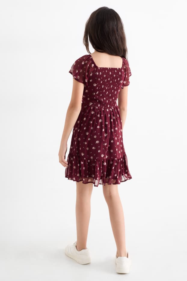 Copii - Fete - Rochie din șifon - cu flori - bordo