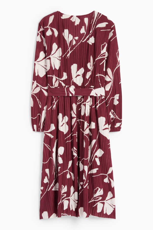 Femei - Rochie petrecută plisată cu curea - cu flori - bordo