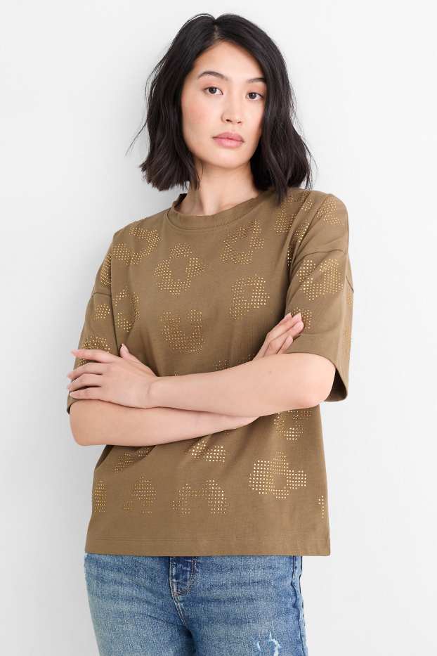 Femei - Tricou cu ștrasuri - regular fit - verde