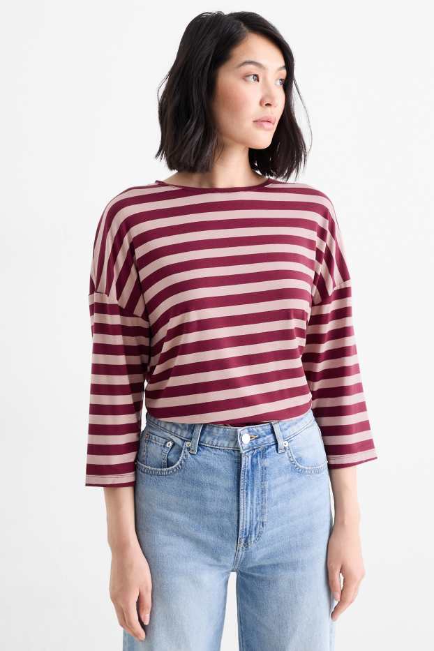 Femei - Tricou - regular fit - cu dungi - roz / roșu închis